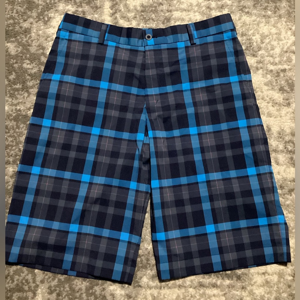 Nike Men’s Golf Shorts Dri-Fit Blues Grey Pink Plaid Check, flat front, size 30